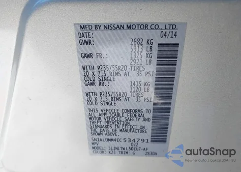 2014 Infiniti Qx60 z USA, uszkodzony, nr VIN 5N1AL0MM4EC534791